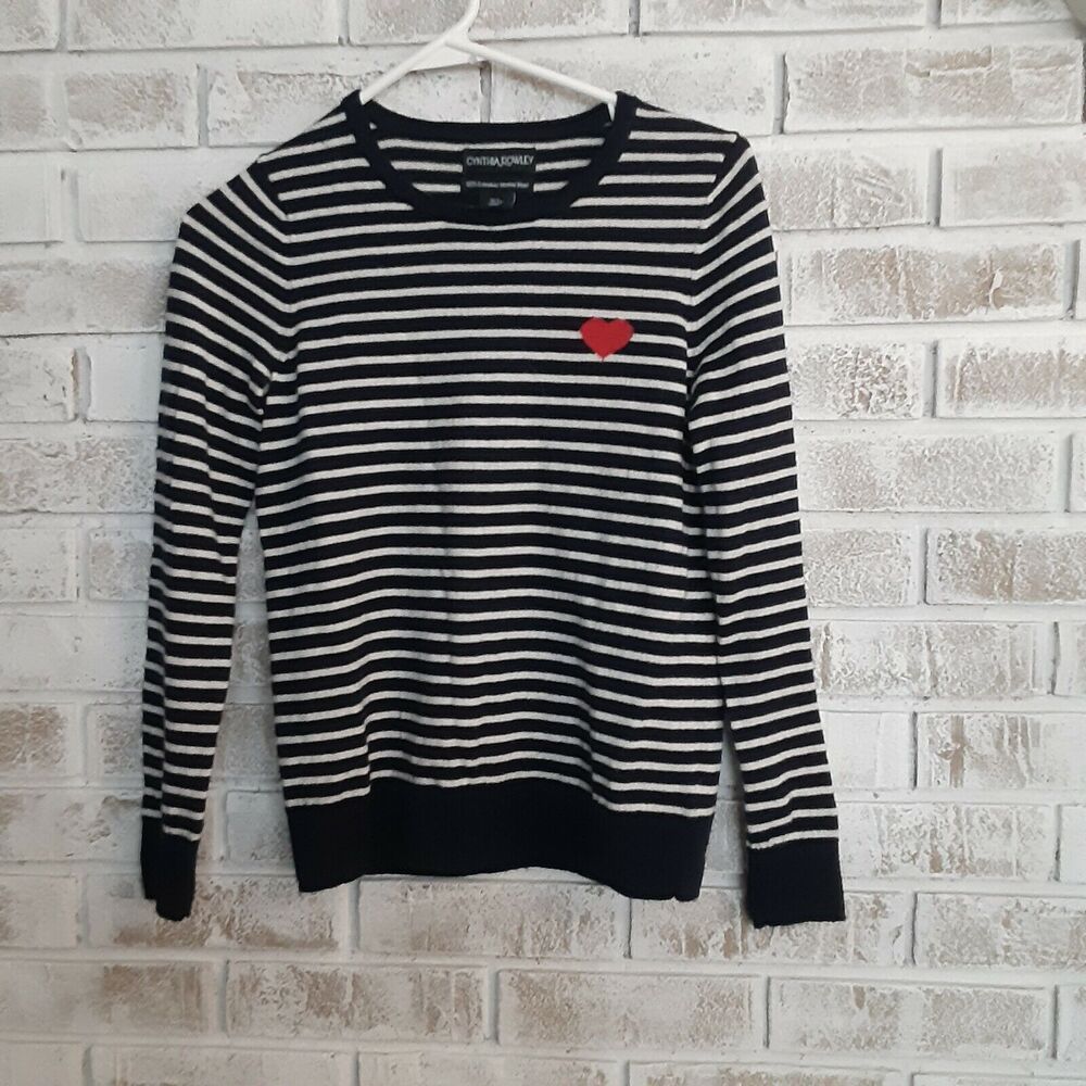 Cynthia Rowley 100% Merino Wool Sweater sz S Striped Heart Parisian, Classic, Wa